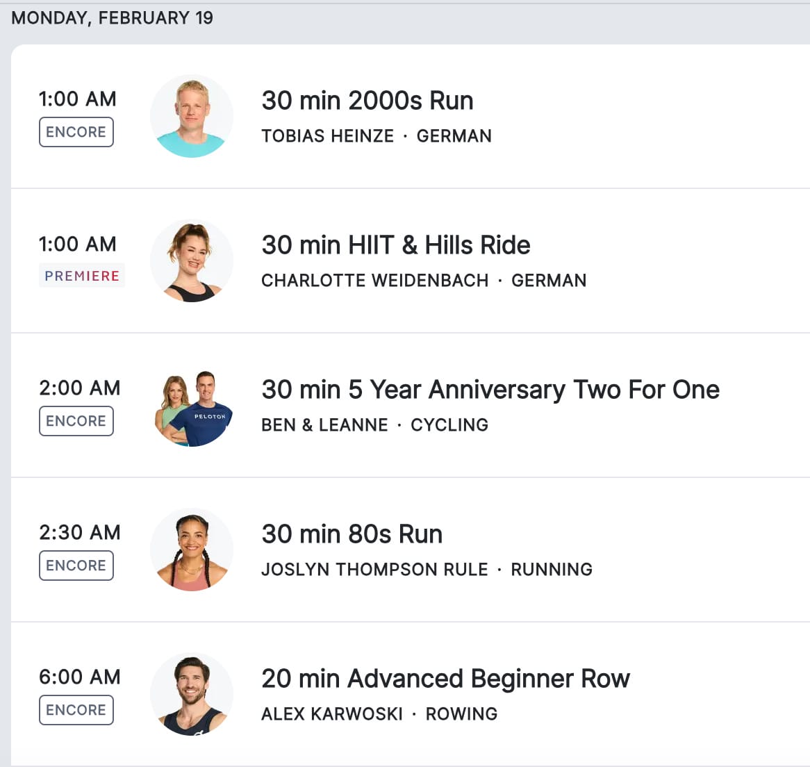 Peloton schedule for February 19, 2024 showing all encore and premiere classes.